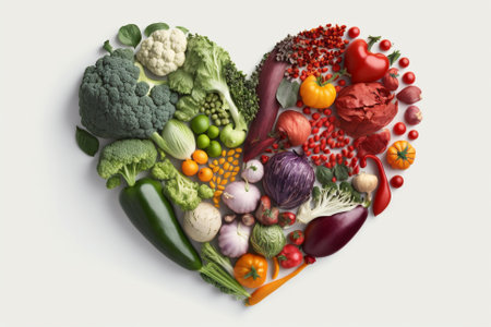 Vegetables in a Heart Shape. Heart shaped healthy vegetables. Vegetarian diet, healthy vegetables, love for veggies concept illustration. Ai generatedの素材