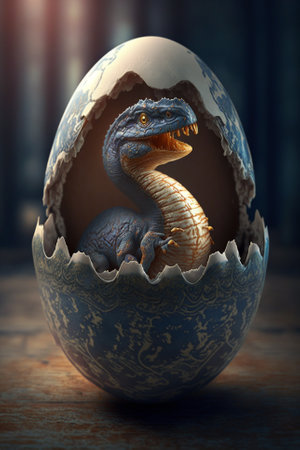 Baby Dinosaur Nesting out of an Egg. Dinosaur coming out of an egg shell illustration. Ai generatedの素材