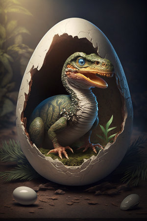 Baby Dinosaur Nesting out of an Egg. Dinosaur coming out of an egg shell illustration. Ai generatedの素材