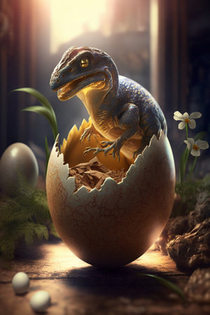 Baby Dinosaur Nesting out of an Egg. Dinosaur coming out of an egg shell illustration. Ai generatedの素材