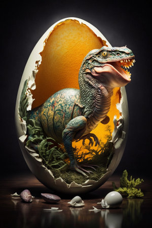 Baby Dinosaur Nesting out of an Egg. Dinosaur coming out of an egg shell illustration. Ai generatedの素材