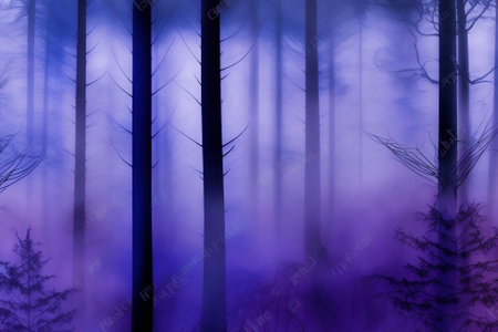 A foggy wood pine forest with dark trees shillouettes and purple blue colors. Dramatic fog in the forest illustration. Ai generatedの素材