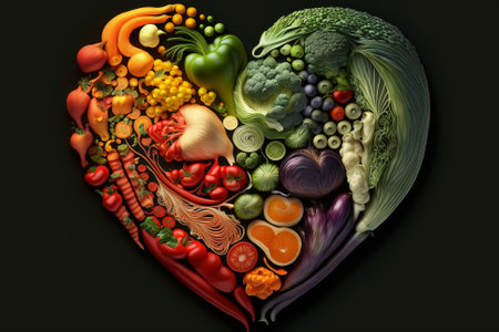 Vegetables in a Heart Shape. Heart shaped healthy vegetables. Vegetarian diet, healthy vegetables, love for veggies concept illustration. Ai generatedの素材