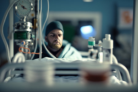 Man suffering on the Hospital Bed. Ill person in the hospital with medical equipment next to him. Ai generated illustration ( not a real person )の素材