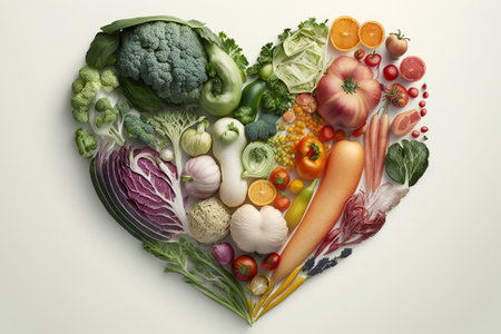 Vegetables in a Heart Shape. Heart shaped healthy vegetables. Vegetarian diet, healthy vegetables, love for veggies concept illustration. Ai generatedの素材