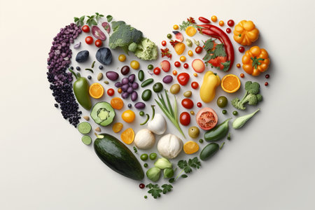 Vegetables in a Heart Shape. Heart shaped healthy vegetables. Vegetarian diet, healthy vegetables, love for veggies concept illustration. Ai generatedの素材