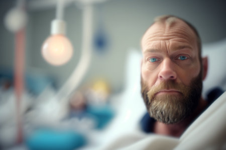 Man suffering on the Hospital Bed. Ill person in the hospital with medical equipment next to him. Ai generated illustration ( not a real person )の素材
