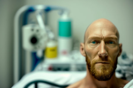 Man suffering on the Hospital Bed. Ill person in the hospital with medical equipment next to him. Ai generated illustration ( not a real person )の素材