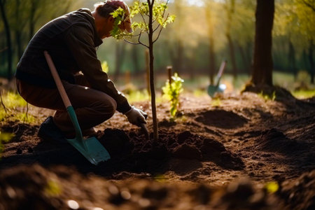 Man planting a young tree. Re forestation. Planting a tree with a shovel. Hands planting a young tree illustration. Ai generated ( not a real person )の素材