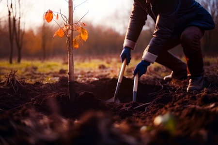 Man planting a young tree. Re forestation. Planting a tree with a shovel. Hands planting a young tree illustration. Ai generated ( not a real person )の素材