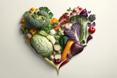 Vegetables in a Heart Shape. Heart shaped healthy vegetables. Vegetarian diet, healthy vegetables, love for veggies concept illustration. Ai generatedの素材