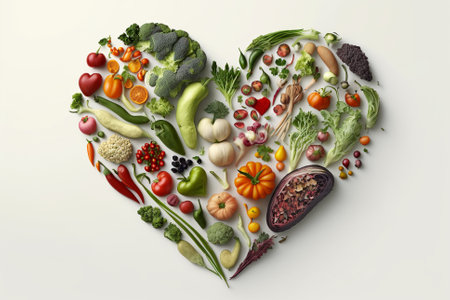 Vegetables in a Heart Shape. Heart shaped healthy vegetables. Vegetarian diet, healthy vegetables, love for veggies concept illustration. Ai generatedの素材