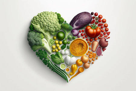 Vegetables in a Heart Shape. Heart shaped healthy vegetables. Vegetarian diet, healthy vegetables, love for veggies concept illustration. Ai generatedの素材