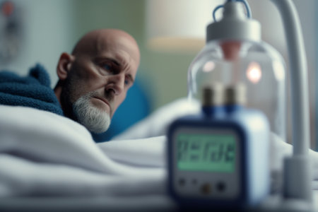 Man suffering on the Hospital Bed. Ill person in the hospital with medical equipment next to him. Ai generated illustration ( not a real person )の素材