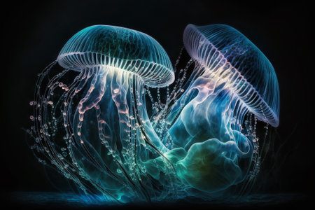 Medusas in Darkness with Mesmerising Beautiful Glow of Vibrant Colors. Bioluminescent Medusas in the Darkness illustration. Ai generatedの素材