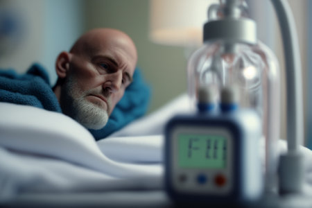 Man suffering on the Hospital Bed. Ill person in the hospital with medical equipment next to him. Ai generated illustration ( not a real person )の素材