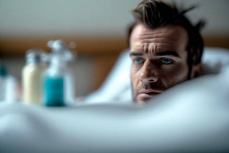 Man suffering on the Hospital Bed. Ill person in the hospital with medical equipment next to him. Ai generated illustration ( not a real person )の素材