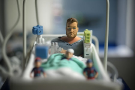 Man suffering on the Hospital Bed. Ill person in the hospital with medical equipment next to him. Ai generated illustration ( not a real person )の素材