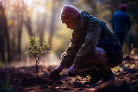 Man planting a young tree. Re forestation. Planting a tree with a shovel. Hands planting a young tree illustration. Ai generated ( not a real person )の素材
