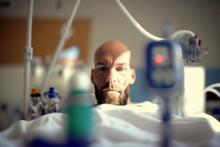 Man suffering on the Hospital Bed. Ill person in the hospital with medical equipment next to him. Ai generated illustration ( not a real person )の素材