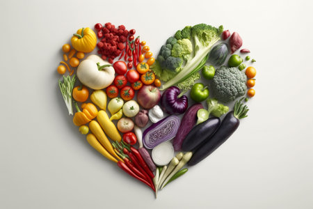 Vegetables in a Heart Shape. Heart shaped healthy vegetables. Vegetarian diet, healthy vegetables, love for veggies concept illustration. Ai generatedの素材