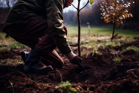 Man planting a young tree. Re forestation. Planting a tree with a shovel. Hands planting a young tree illustration. Ai generated ( not a real person )の素材