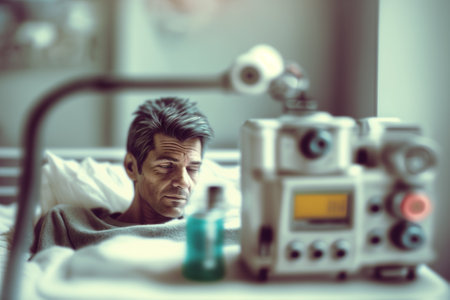 Man suffering on the Hospital Bed. Ill person in the hospital with medical equipment next to him. Ai generated illustration ( not a real person )の素材