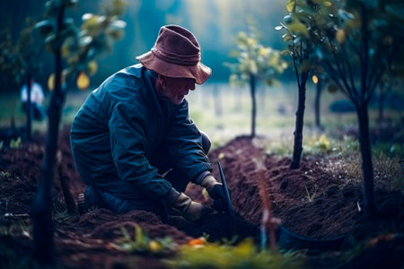 Man planting a young tree. Re forestation. Planting a tree with a shovel. Hands planting a young tree illustration. Ai generated ( not a real person )の素材