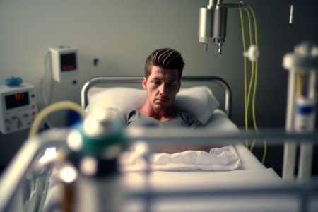 Man suffering on the Hospital Bed. Ill person in the hospital with medical equipment next to him. Ai generated illustration ( not a real person )の素材