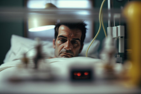 Man suffering on the Hospital Bed. Ill person in the hospital with medical equipment next to him. Ai generated illustration ( not a real person )の素材