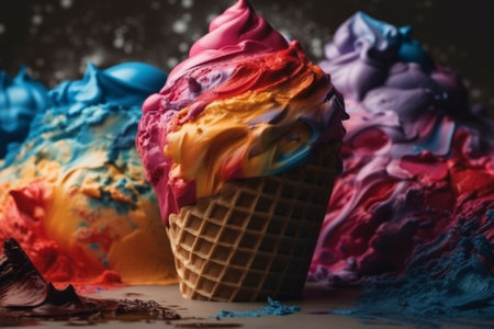 Vibrant Rainbow Cone of Ice cream. Colorful Vibrant ice cream cone on a dark background illustration. Ai generatedの素材