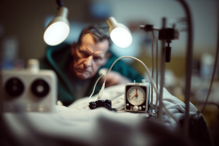 Man suffering on the Hospital Bed. Ill person in the hospital with medical equipment next to him. Ai generated illustration ( not a real person )の素材