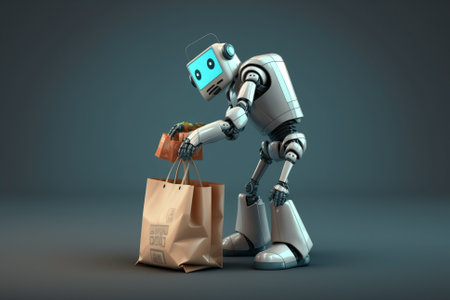 Robot holding shopping bags. Artificial inteligence robot, smart robot helping humans with shopping bags. Ai generatedの素材