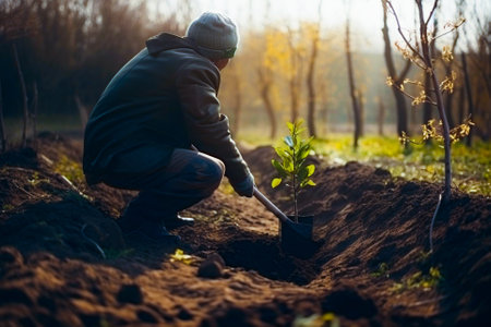 Man planting a young tree. Re forestation. Planting a tree with a shovel. Hands planting a young tree illustration. Ai generated ( not a real person )の素材