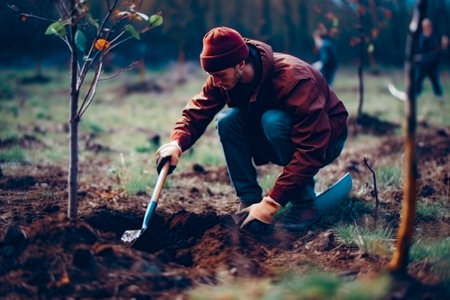 Man planting a young tree. Re forestation. Planting a tree with a shovel. Hands planting a young tree illustration. Ai generated ( not a real person )の素材