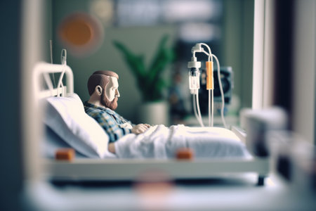 Man suffering on the Hospital Bed. Ill person in the hospital with medical equipment next to him. Ai generated illustration ( not a real person )の素材