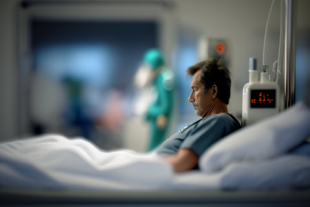 Man suffering on the Hospital Bed. Ill person in the hospital with medical equipment next to him. Ai generated illustration ( not a real person )の素材