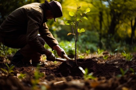 Man planting a young tree. Re forestation. Planting a tree with a shovel. Hands planting a young tree illustration. Ai generated ( not a real person )の素材