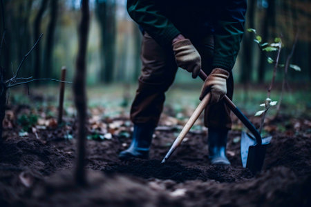 Man planting a young tree. Re forestation. Planting a tree with a shovel. Hands planting a young tree illustration. Ai generated ( not a real person )の素材