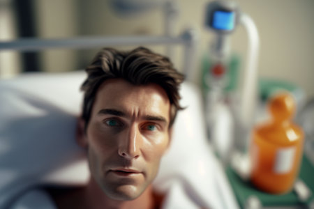 Man suffering on the Hospital Bed. Ill person in the hospital with medical equipment next to him. Ai generated illustration ( not a real person )の素材