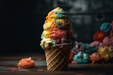 Vibrant Rainbow Cone of Ice cream. Colorful Vibrant ice cream cone on a dark background illustration. Ai generatedの素材