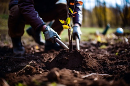 Man planting a young tree. Re forestation. Planting a tree with a shovel. Hands planting a young tree illustration. Ai generated ( not a real person )の素材