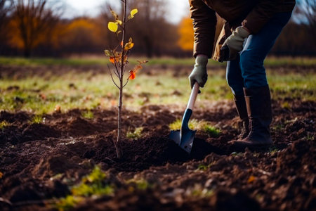Man planting a young tree. Re forestation. Planting a tree with a shovel. Hands planting a young tree illustration. Ai generated ( not a real person )の素材