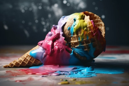 Vibrant Rainbow Cone of Ice cream. Colorful Vibrant ice cream cone on a dark background illustration. Ai generatedの素材