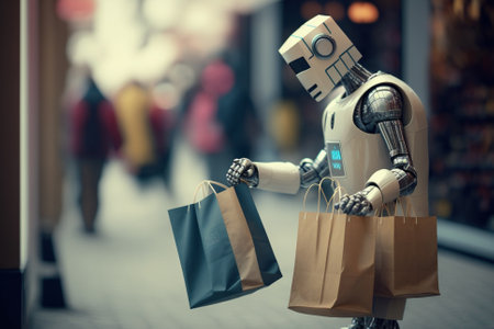 Robot holding shopping bags. Artificial inteligence robot, smart robot helping humans with shopping bags. Ai generatedの素材