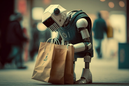 Robot holding shopping bags. Artificial inteligence robot, smart robot helping humans with shopping bags. Ai generatedの素材