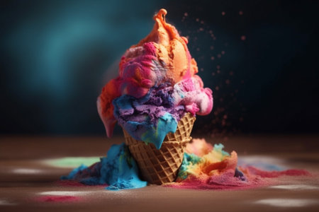 Vibrant Rainbow Cone of Ice cream. Colorful Vibrant ice cream cone on a dark background illustration. Ai generatedの素材