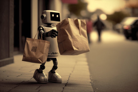 Robot holding shopping bags. Artificial inteligence robot, smart robot helping humans with shopping bags. Ai generatedの素材