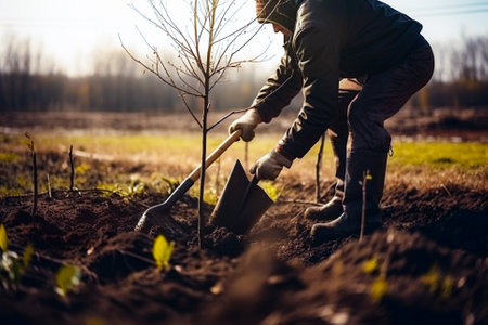 Man planting a young tree. Re forestation. Planting a tree with a shovel. Hands planting a young tree illustration. Ai generated ( not a real person )の素材