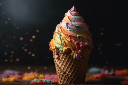 Vibrant Rainbow Cone of Ice cream. Colorful Vibrant ice cream cone on a dark background illustration. Ai generatedの素材